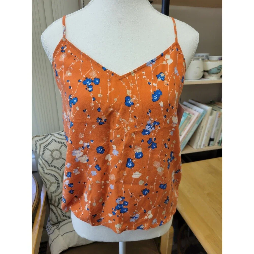 Equipment Femme Women’s Orange Floral Adjustable Strap Cami Silk, Size XS